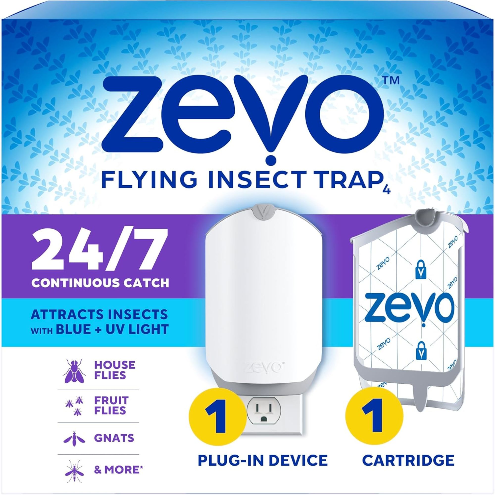 Zevo Flying Insect Trap i en blå, hvit og lilla boks