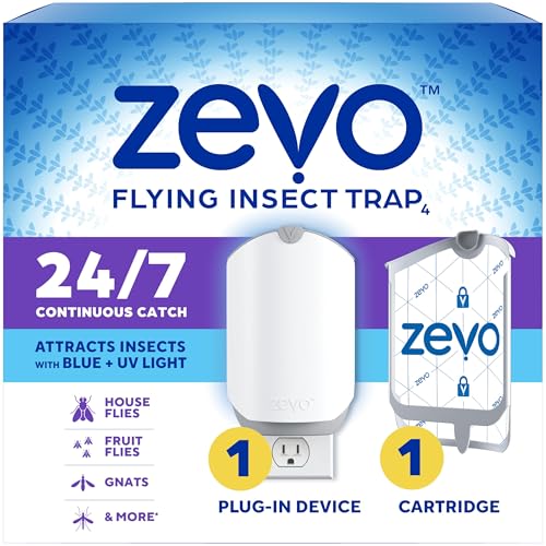 Zevo Flying Insect Trap & Cartridge - Plug In Fly Trap & Indoor Bug Catcher for Gnats, House & Fruit Flies - Mess -Free - Bruk i ethvert rom - bruker Blue & UV -lys (1 plugg inn enhet og 1 kassett)